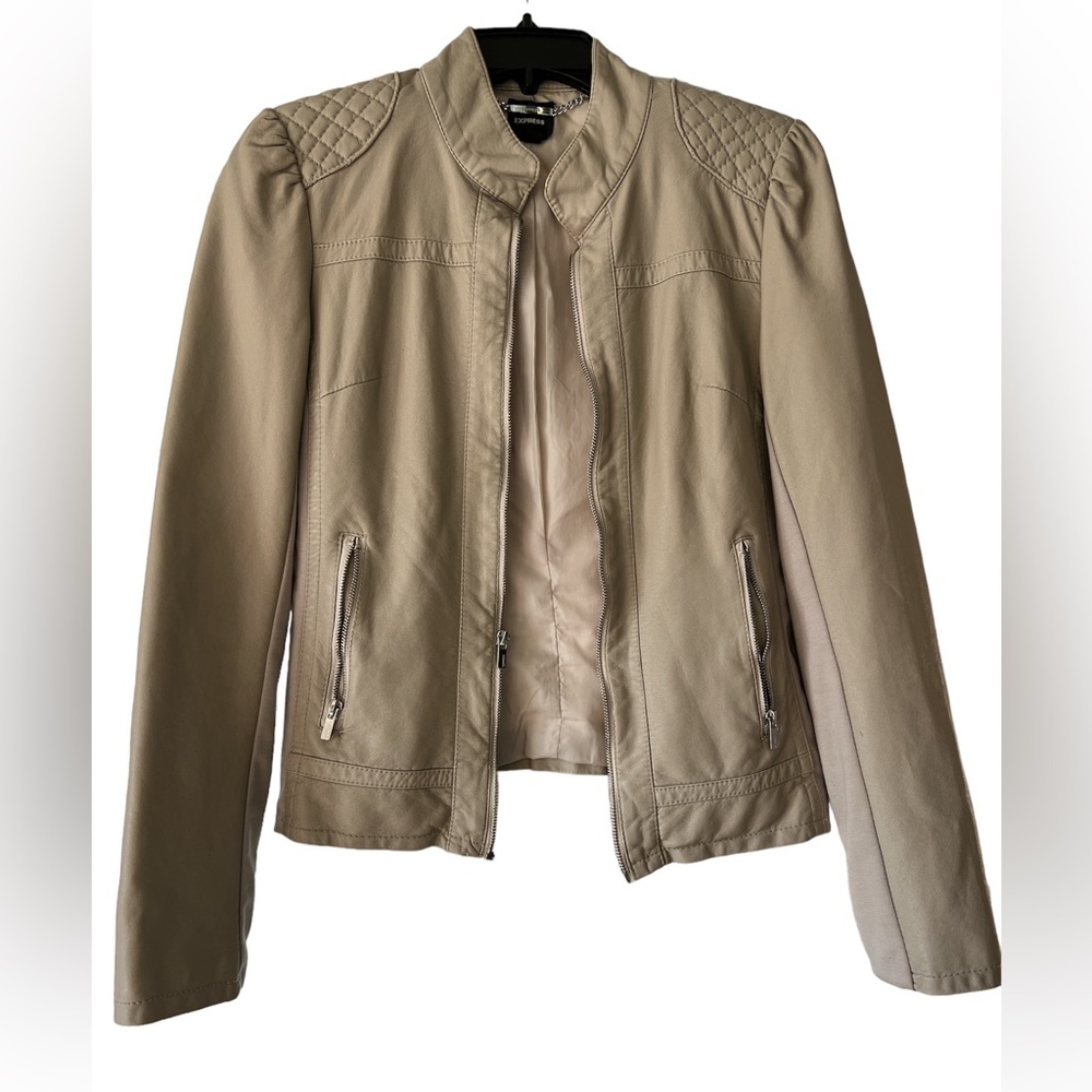 Express Cream/Tan Fitted Leather Jacket - Size M